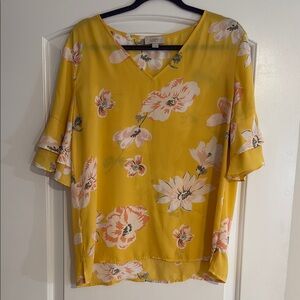 LOFT Yellow Ruffled Blouse with Floral Design
